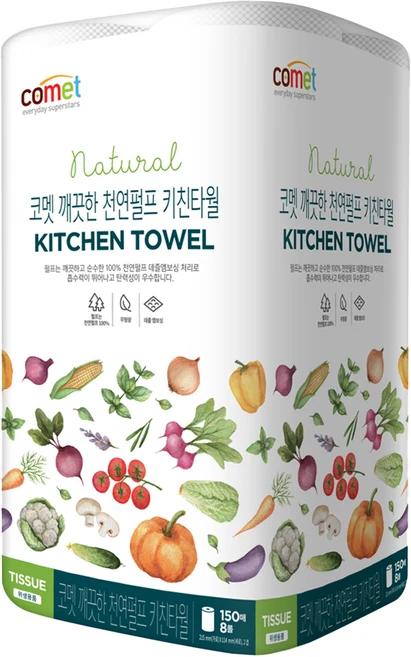 코멧 천연펄프 2겹 키친타월 150매 · 8롤 코멧 깨끗한 천연펄프 2겹 키친타월