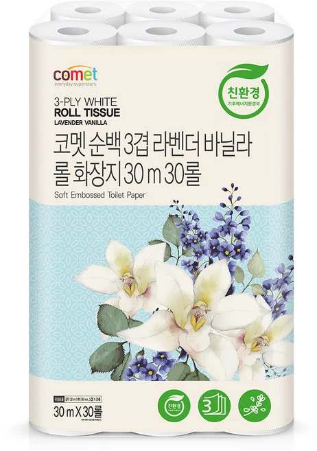 코멧 순백 3겹 라벤더 바닐라 롤화장지, 30m, 30개입, 1개