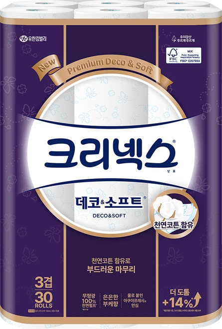 크리넥스 데코 앤 소프트 화장지 3겹, 27m, 30롤, 1개