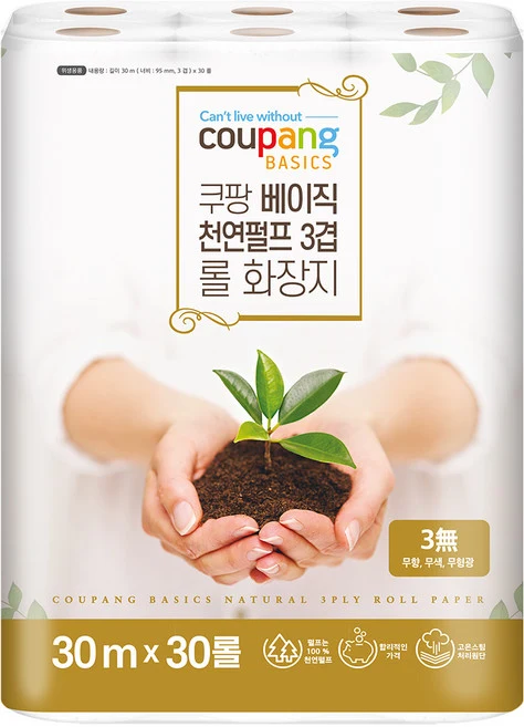 쿠팡 베이직 천연펄프 3겹 30m×30롤 천연펄프 3겹 롤 화장지