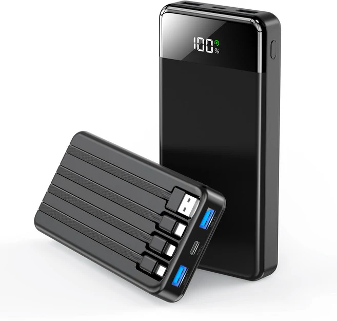 일체형 보조배터리 고속충전 30000mAh 대용량 PD 22.5W QC3.0 잔량표시+ 4개 케이블 멀티단자, 블랙, N6
